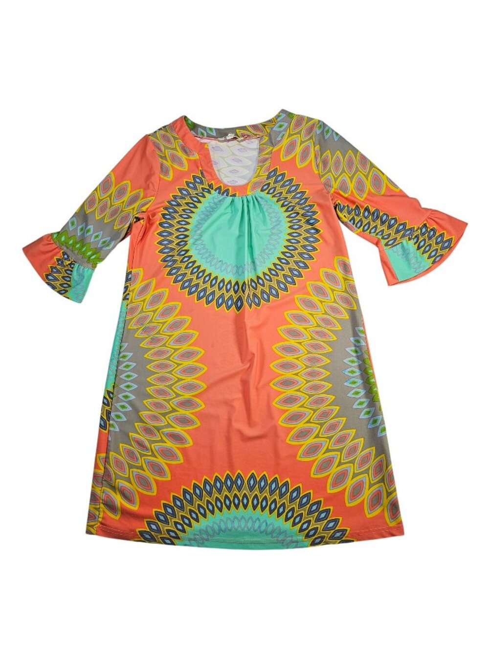 Aryeh 70s Geometric Print Bell Sleeve Tunic Beach Dress Womens Size M Multicolor